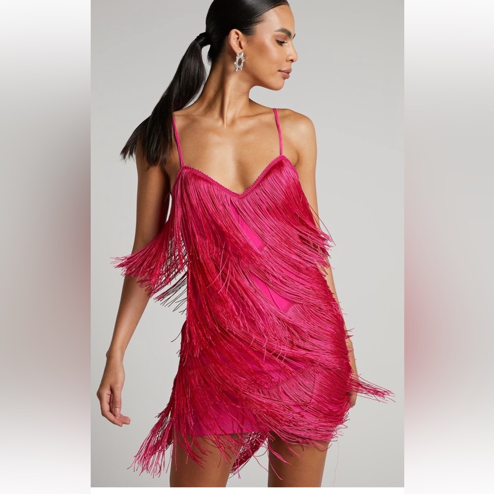 SHOWPO FRINGE TASSLE HOT PINK DRESS
